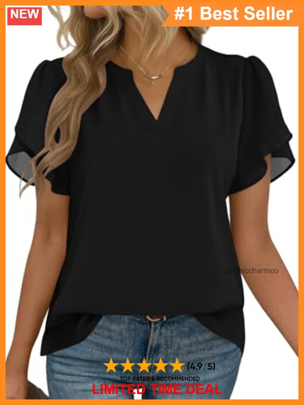 Women's Chiffon Blouse Short Petal Sleeve V-Neck Work Top